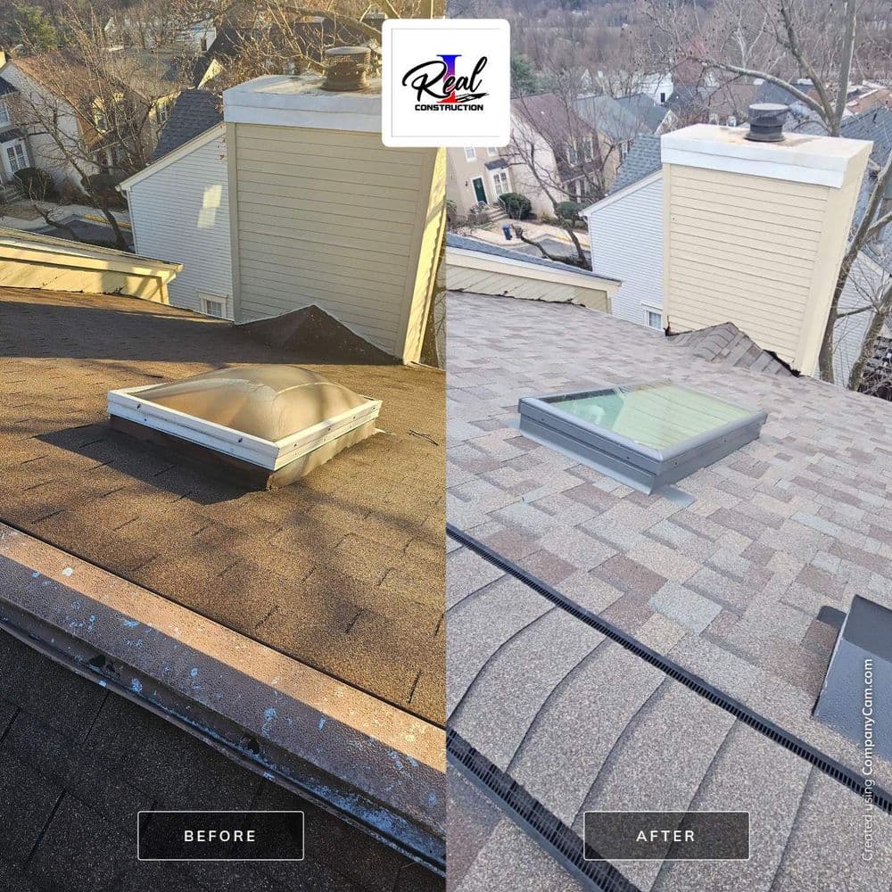 Roof renovation before and after, showcasing skylight installation and upgraded shingles.