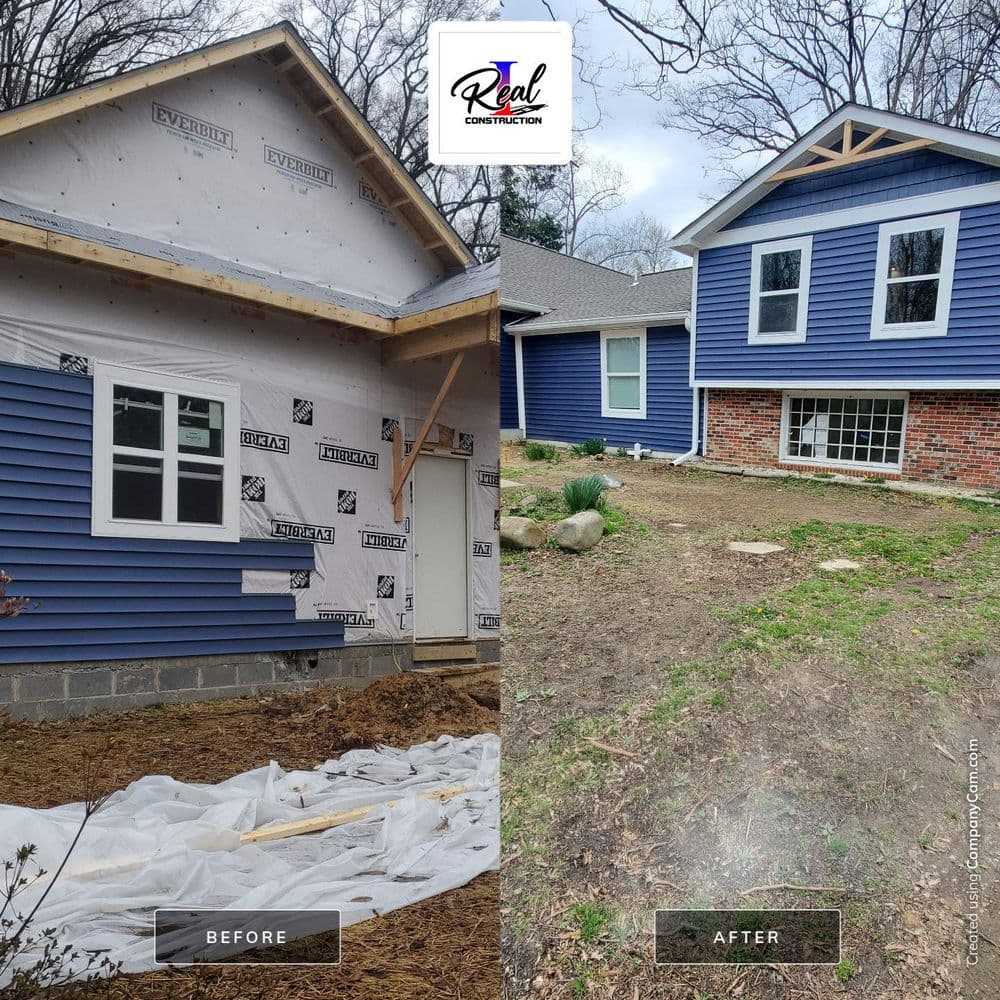 Home renovation transformation: exterior upgrade from unpainted to blue siding with new windows.