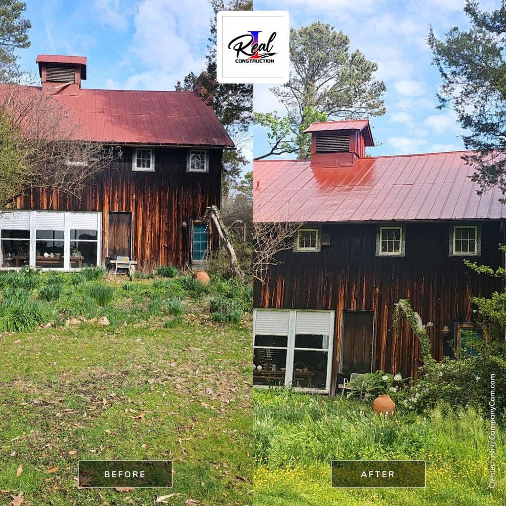 Barn renovation before and after showcasing new red metal roof and restored wooden exterior.