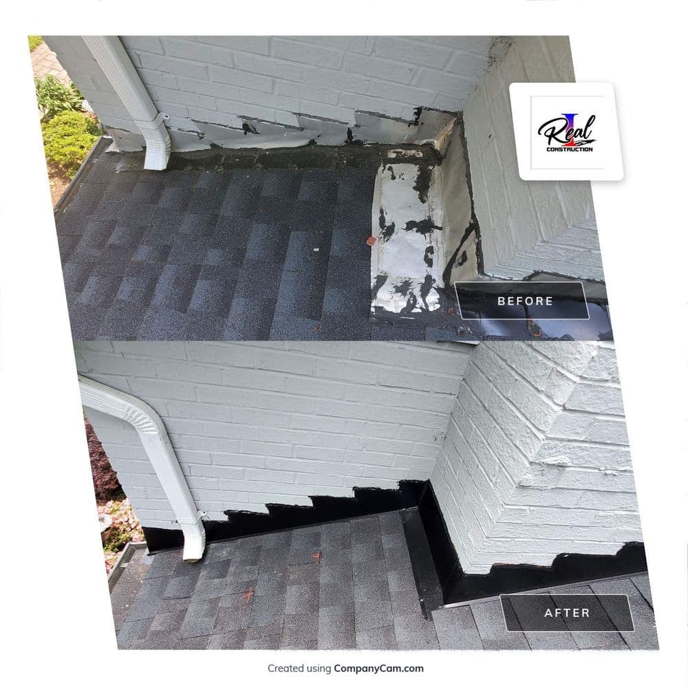 Before and after of roof edge repair, showcasing improved flashing and seamless finish.